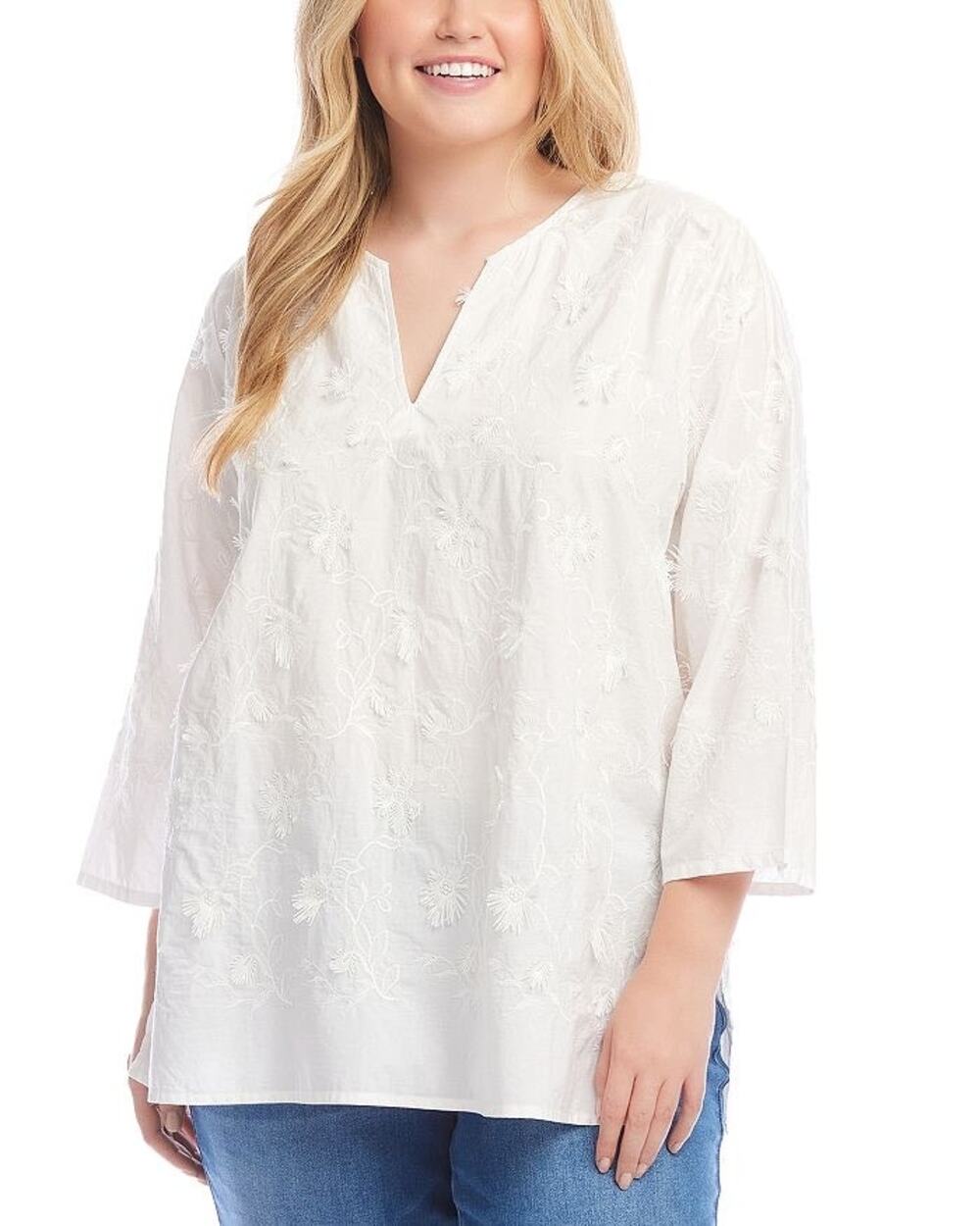 Karen Kane Tunic Top Size 2X White Embroidered Floral Cotton Split Neck NWT Boho